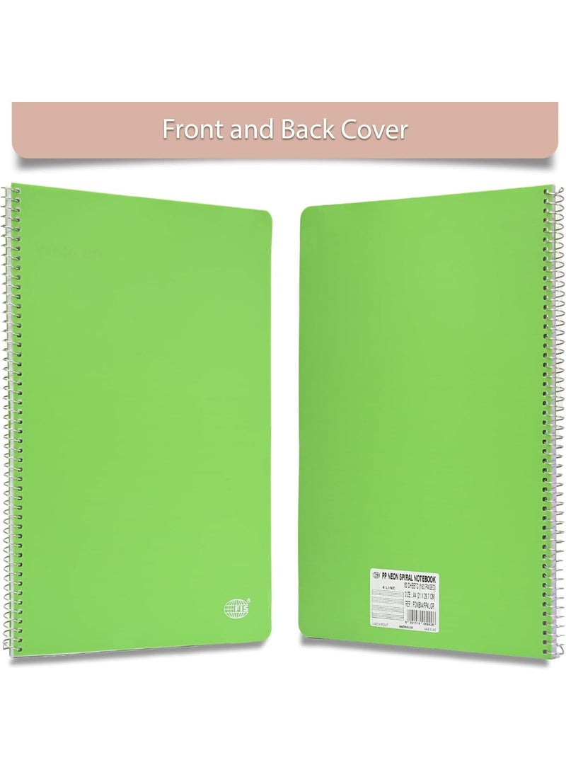 FIS Notebook A4 Size(210x297mm), PP Neon Cover, Spiral Binding, 80 Sheets, White Paper, 4 Line Single Ruling, Pack of 5 Assorted Neon Colors, Ideal for School Essentials - FSNBA4PP4LAST/5 - Image 3